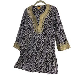 Roberta Roller Rabbit Blue Swirl Indian Block Print SIlk Gold Embroidery…